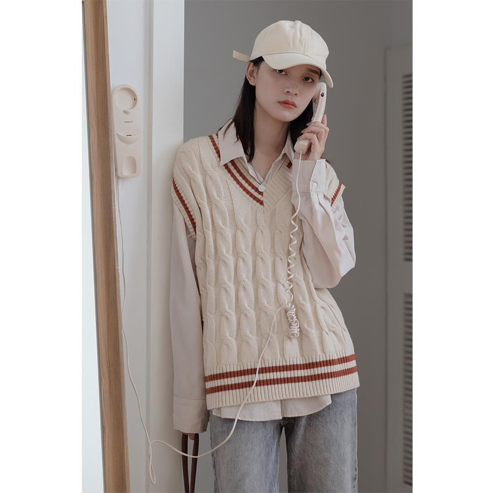 Set Áo Sơ Mi Dài Tay + Áo Khoác Len Không Tay Năng Động Thời Trang Dành Cho Nữ