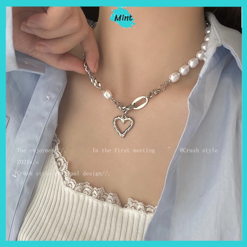 Dây Chuyền Nữ ❤️FREESHIP❤️  Ngọc Trai Nhân Tạo Bất Đối Xứng Hình Trái Tim Phong Cách Bohemian, Vòng Cổ Hàn Quốc