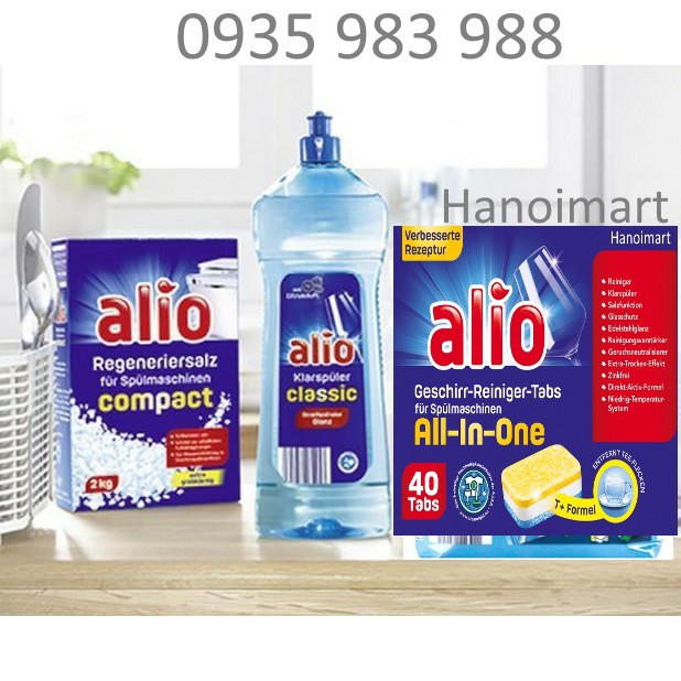 Combo Viên rửa bát Alio 40v+Muối rửa chén alio 2kg+Nước làm bóng bát 1000ml