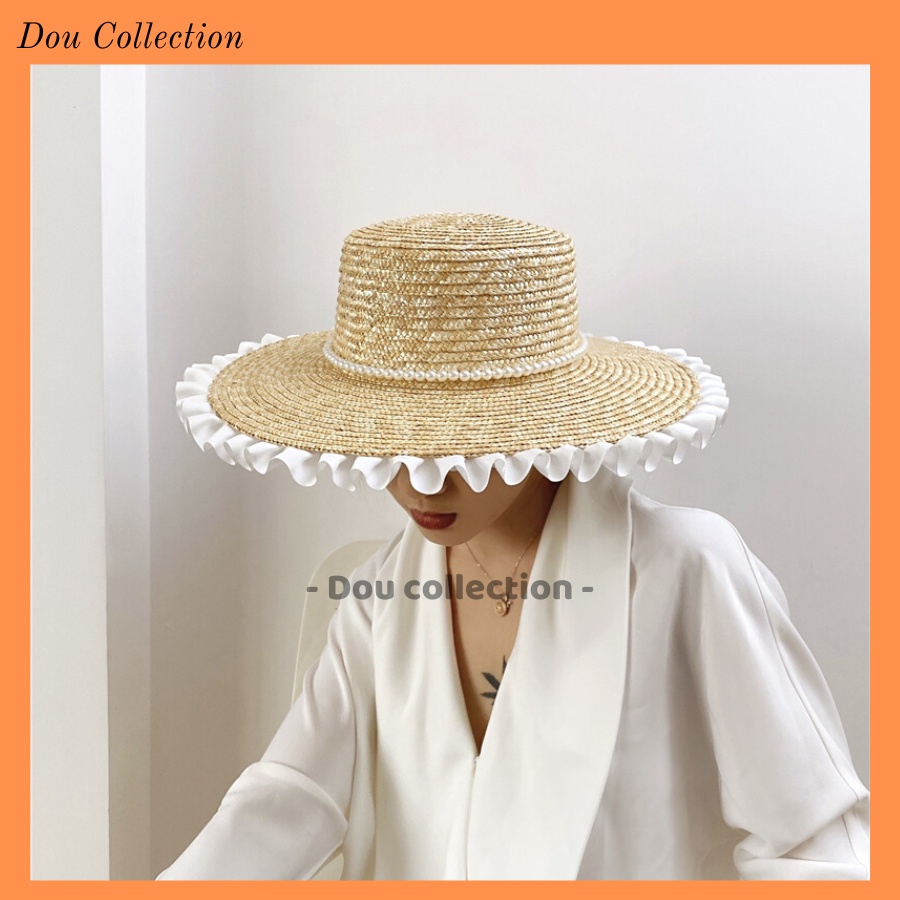 [NowShip2h] Nón Cói (Mũ Cói) Rơm Raffia Sợi Tự Nhiên Xếp Ly Ren Phối Dây Hạt Trắng Chống Nắng Đi Biển - Mã NC024