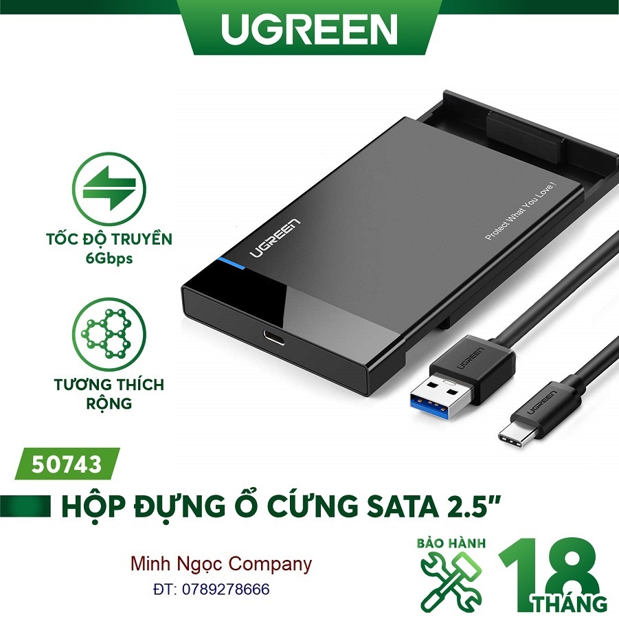 Hộp đựng ổ cứng 2.5 inch SSD/HDD hỗ trợ 6TB, chuẩn SATA Ugreen 50743 US221/CM300 vỏ nhựa ABS - Hàng phân phối chính hãng