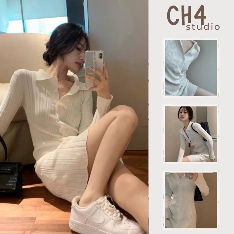 Váy polo nữ 💋body tay dài💋 màu trắng dệt kim phong cách Hàn Quốc AH1021