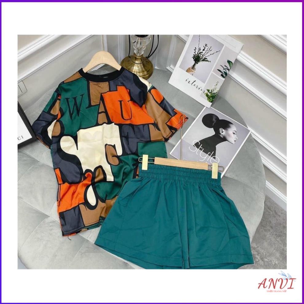 Đồ Bộ Mặc Nhà Nữ ANVI,  Bộ Ngủ Nữ  Áo Cổ Tròn Tay Lở Chất Lụa Họa Tiết Phối Quần Short Màu Trơn Lưng Thun .