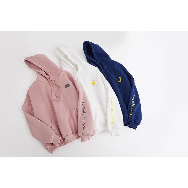 Áo hoodie nữ vải nỉ lót bông dày dặn thêu mặt trăng xanh