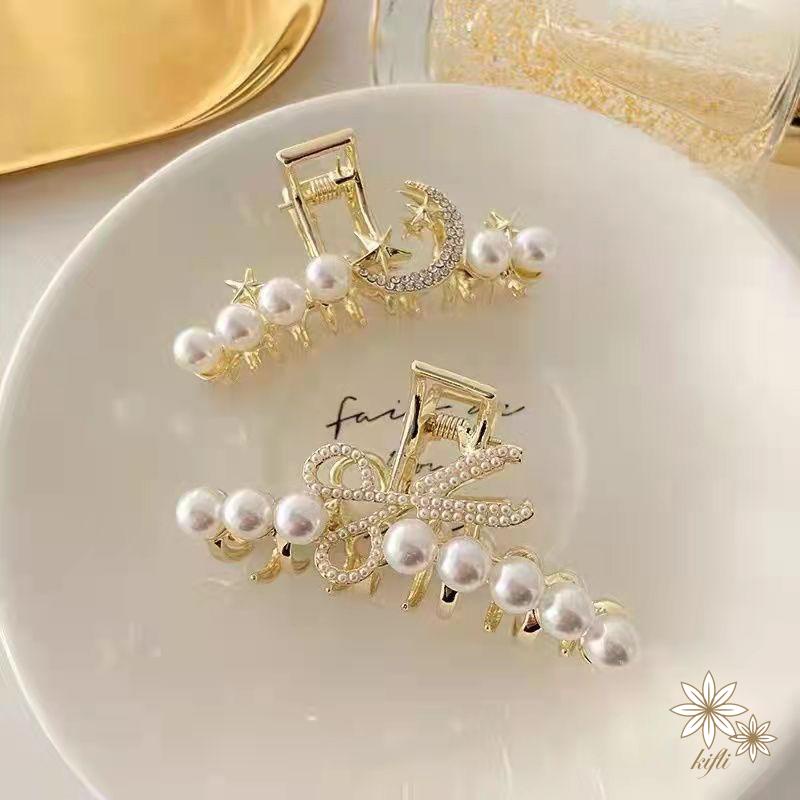 【kifli】Kẹp Tóc Móng Vuốt Hình Cây Kéo Đính Đá Ngọc Trai Dễ Thương Thời Trang Hàn Quốc Cho Nữ Hai