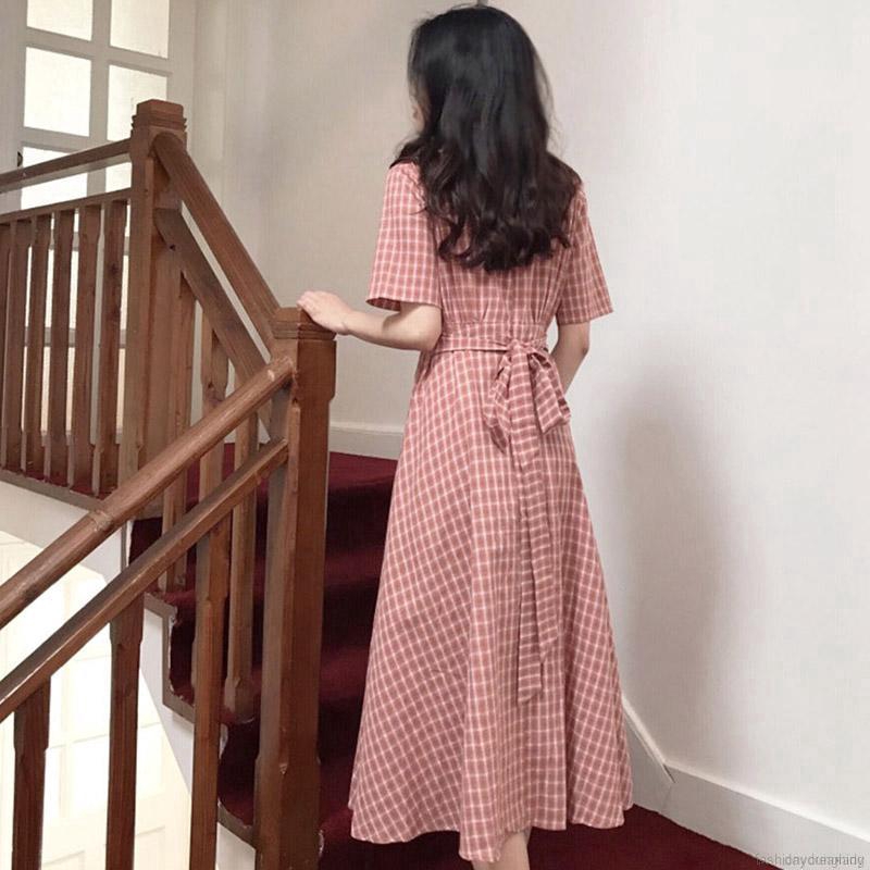Women Plaid Print Round Collar Strap Waist Slim Shirts Dress