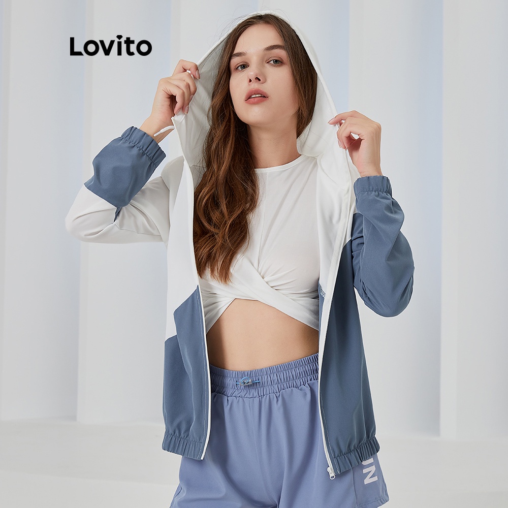 Áo khoác Lovito có dây khóa kéo họa tiết ghép màu phong cách thể thao ngoài trời L04039 (Màu xanh dương)