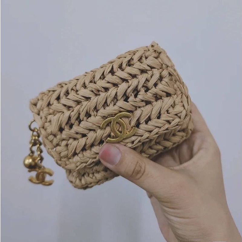 Ví cầm tay bằng cói có ngăn đựng thẻ/ chìa khóa phong cách Hàn Quốc cho nữ