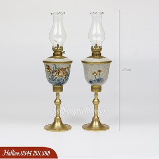 Đèn dầu thờ men rạn Bát Tràng bọc đồng cao 37cm đắp nổi hoa sen