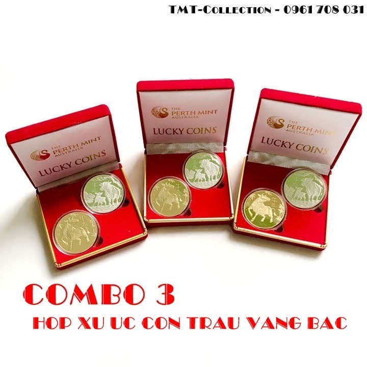 Combo 3 Cặp Đồng Xu Lưu Niệm Hình Con Trâu Vàng Bạc Tặng Hộp Nhung; Trưng bày trên bàn sách, bàn làm việc - SP005119