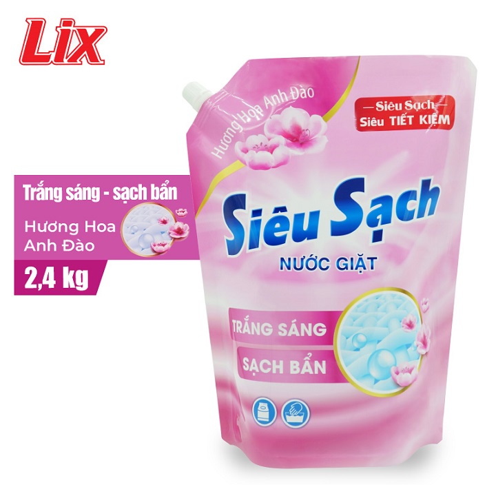 COMBO 2 Túi nước giặt Lix Siêu Sạch hương hoa anh đào (2 túi x 2.4Kg) (2C-N2502)