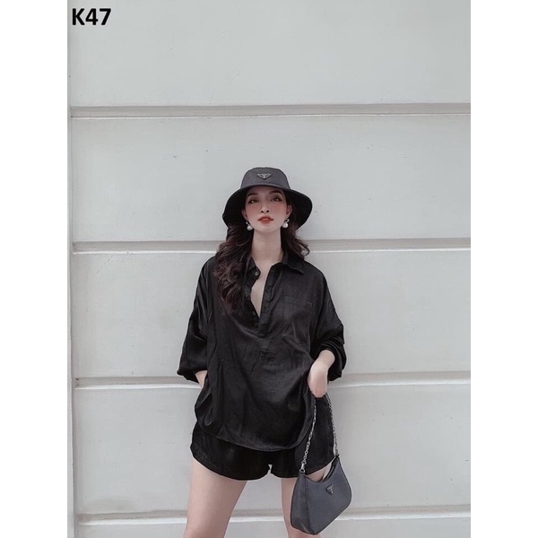 Set áo sơ mi cổ trụ phối quần đùi năng động