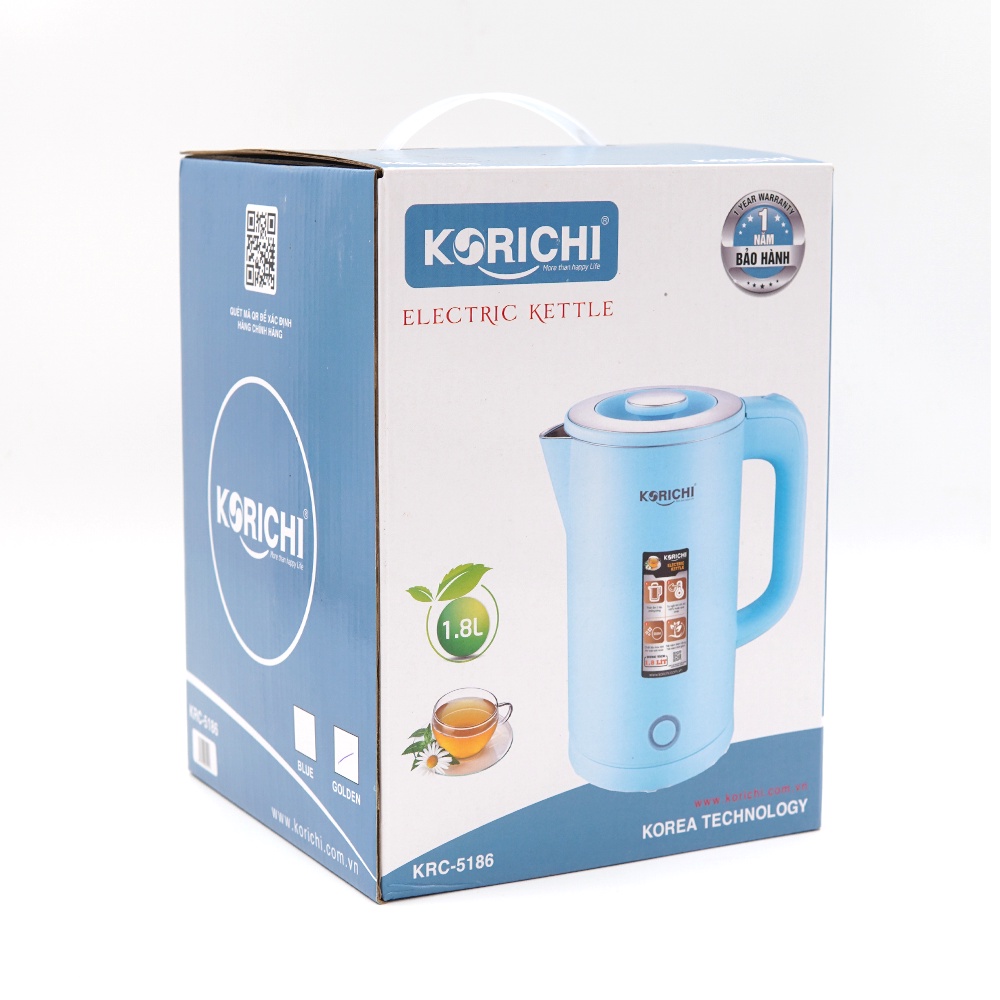 Ấm Siêu Tốc Korichi KRC 5186 - Công Suất 1800W - Tự Ngắt An Toàn Khi Nước Sôi, Chất Liệu Inox 304 Chống Rỉ