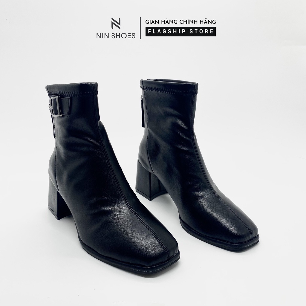 Giày Boot nữ 5p gót vuông khoá hông kéo khoá sau da si Ninshoes | BigBuy360 - bigbuy360.vn