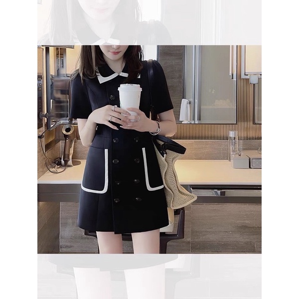 váy đen dáng dài viền trắng túi và cổ nổi bật | BigBuy360 - bigbuy360.vn