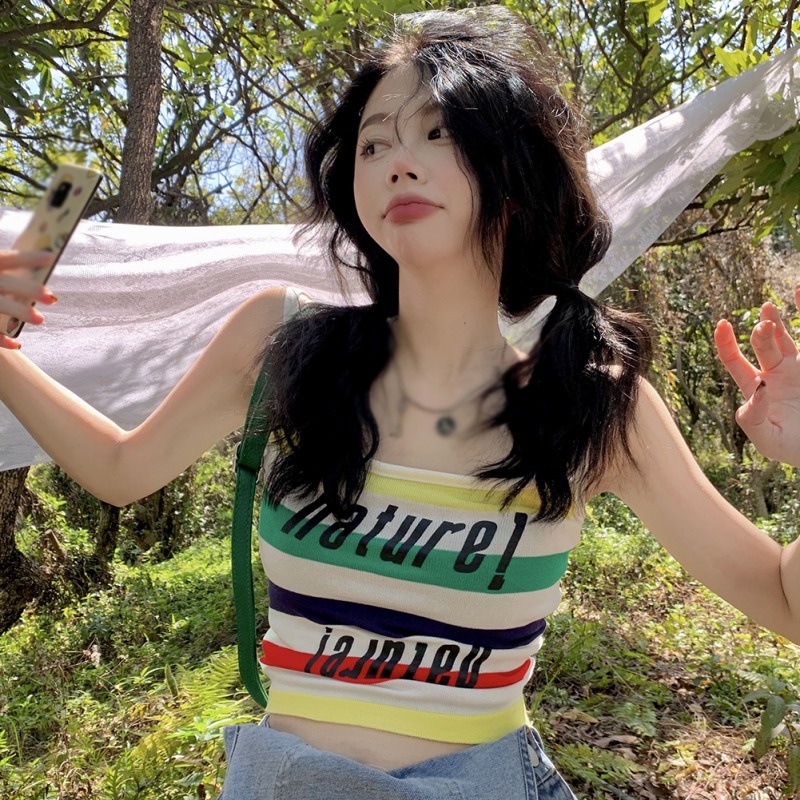 Áo Croptop Dệt Kim Sát Nách Hoạ Tiết Kẻ Sọc Thời Trang Mùa Hè Cho Phái Nữ