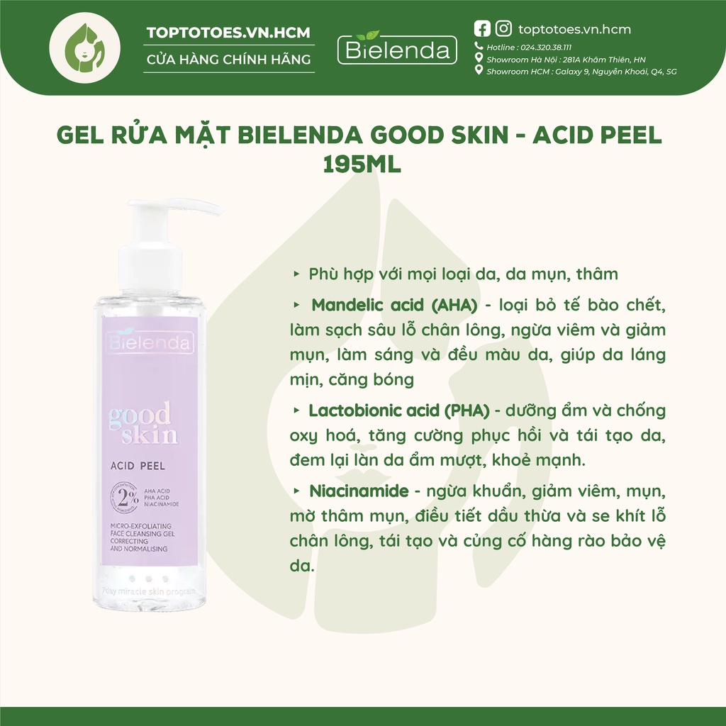 Gel rửa mặt Bielenda Good Skin - Acid Peel làm sạch sâu, ngừa mụn, mờ thâm 195ml