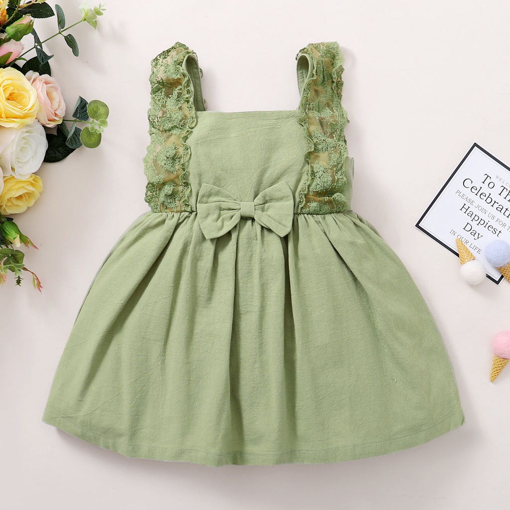 1-4 tuổi Váy công chúa Mikrdoo không tay màu trơn phối ren xinh xắn thời trang mùa hè cho bé gái
