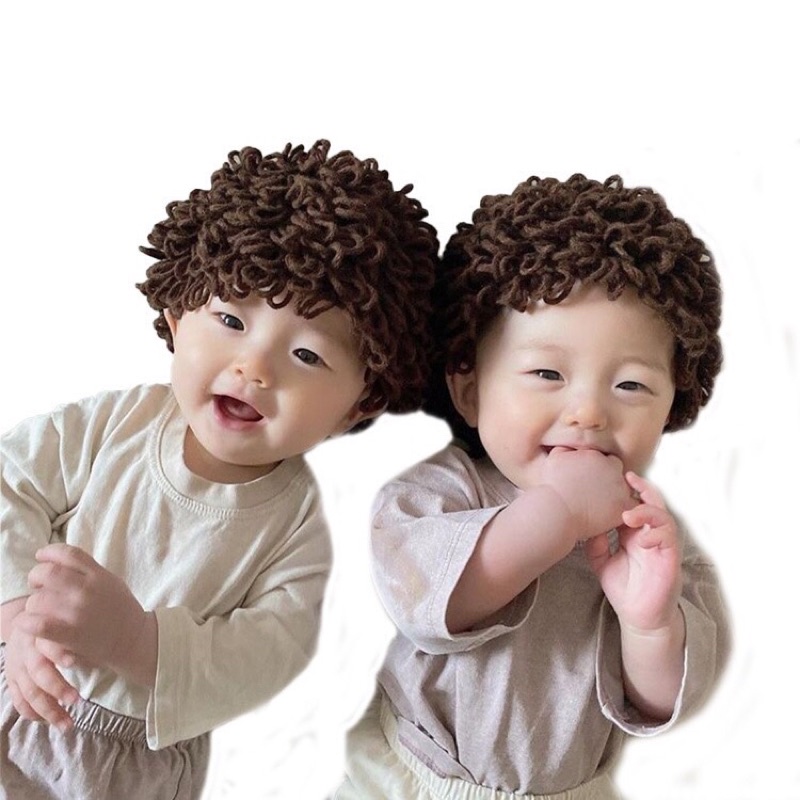 Mũ len trùm đầu tóc giả xoăn cho bé
