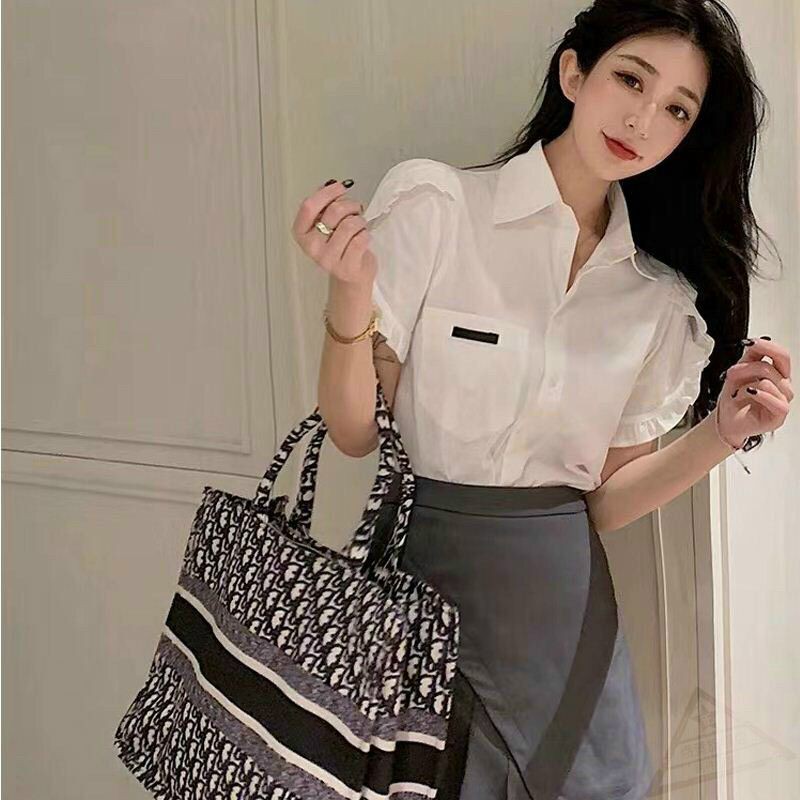 Áo sơ mi bèo tay ngắn phối LOGO vải dày đẹp