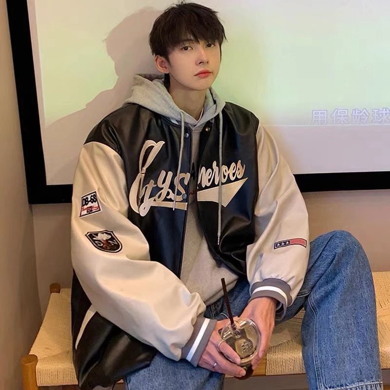 Áo Khoác Bóng Chày Bằng Da Pu Dáng Rộng Phong Cách Đường Phố Hàn Quốc