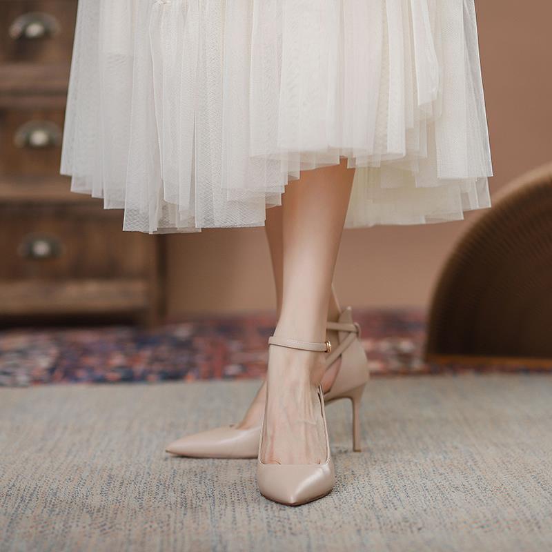 Giày Cao Gót Mũi Nhọn Màu khaki Có Khóa Gài Thời Trang Xuân Hè Mới Phổ Biến Dành Cho Bạn Nữ