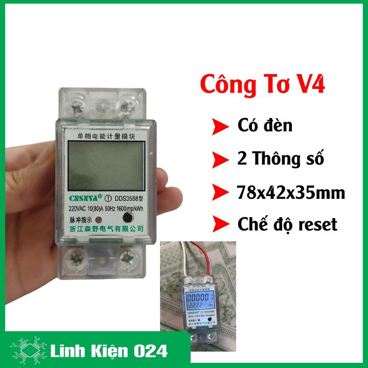 Công tơ điện tử 1080 1 pha điện áp 220V 80A đo số điện tiêu thụ KWH nhựa ABS chống cháy, màn hình LCD