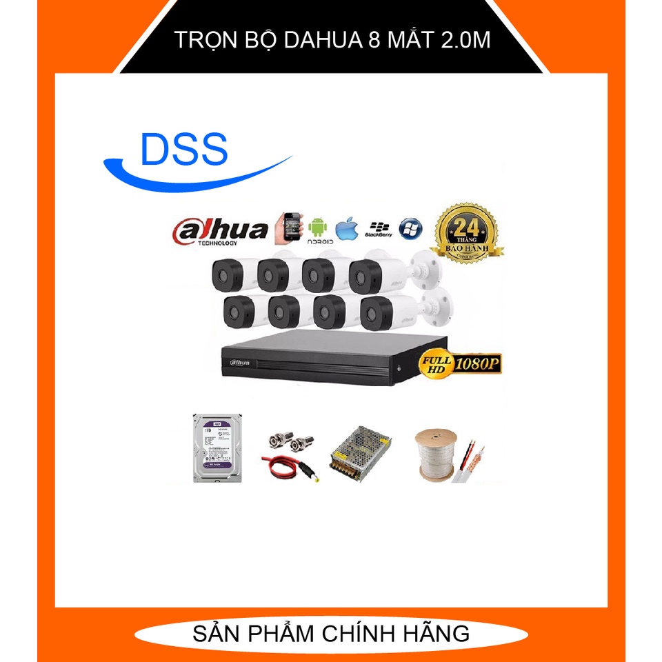 TRỌN BỘ 8 CAMERA DAHUA 2.0MP, FHD 1080P , KÈM HDD (500GB/1TB/2TB),ĐẦY ĐỦ PHỤ KIỆN LẮP ĐẶT