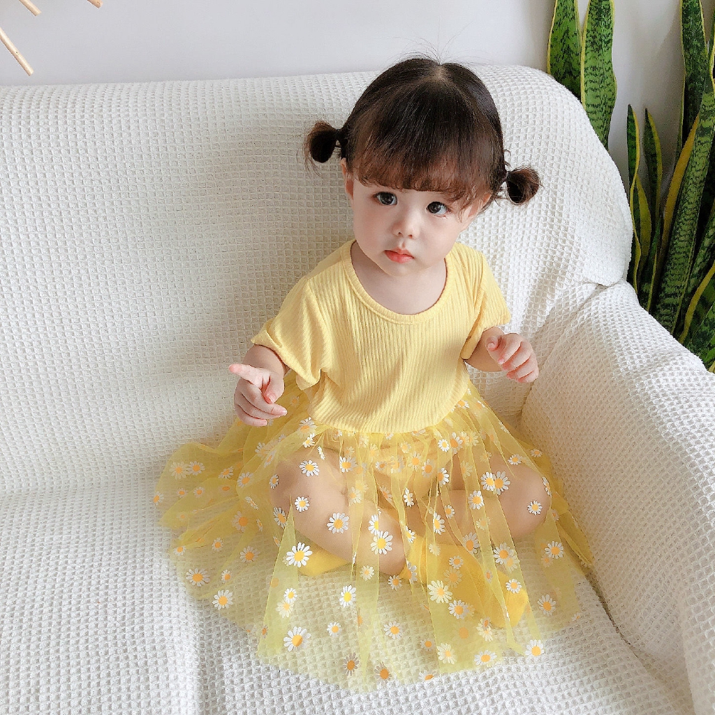 Jumpsuit cotton tutu lưới hoạ tiết hoa cúc công chúa tay ngắn cho bé gái