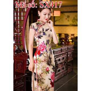 Sx417 sườn xám lụa cổ nút tàu dáng dài nút 1 bên sang trọng có size lớn - hàng nhập