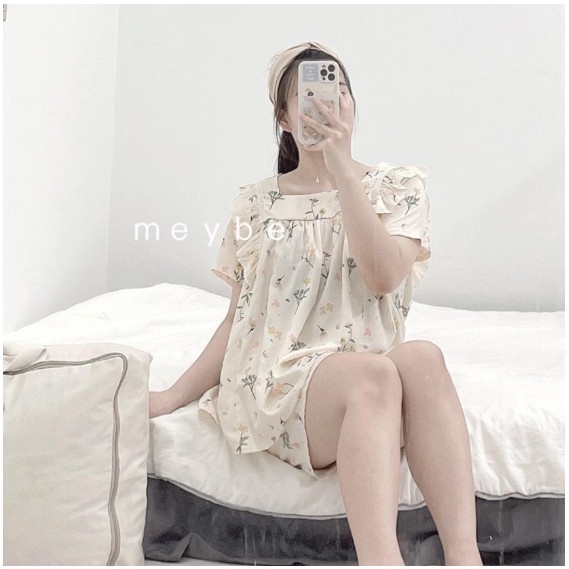 Bộ bầu sau sinh hoa nhí _Bộ Đũi Lanh cộc tay mùa hè có chun chỉnh tiện lợi có khóa mở ngực cho bé ti .