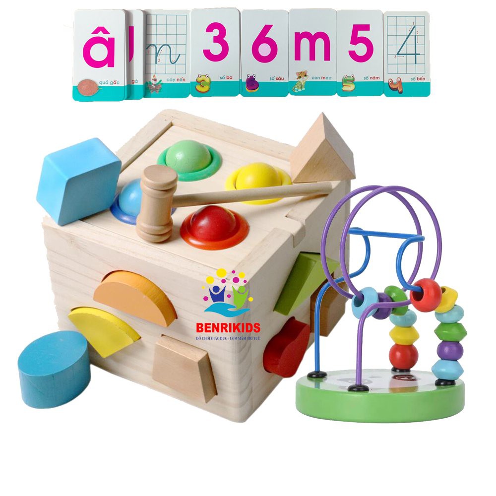 (Tặng Thẻ Học) Combo Đồ Chơi Gỗ Hộp Thả Hình Khối Kèm Trò Chơi Đập Bóng Giúp Bé Rèn Luyện Phản Xạ, Kỹ Năng Vận Động