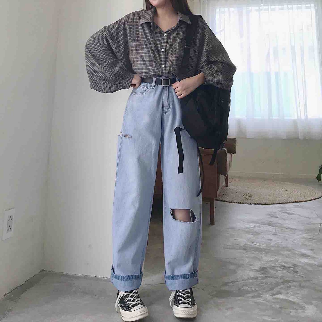 Quần Jean Suông Nữ Ống Rộng Lưng Cao Quần Bò Nữ Rách Gối Cá Tính Ulzzang Hàn Quốc Màu Xanh Nhạt EQE 2440 Gous.go