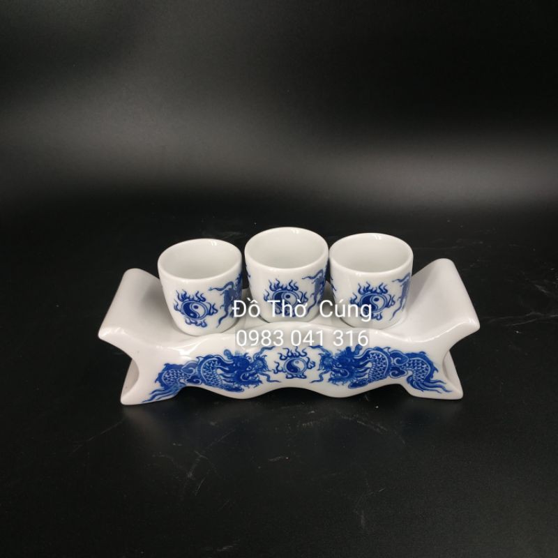 Kỷ ngai 3 chén Rồng - Sen màu xanh cổ lam