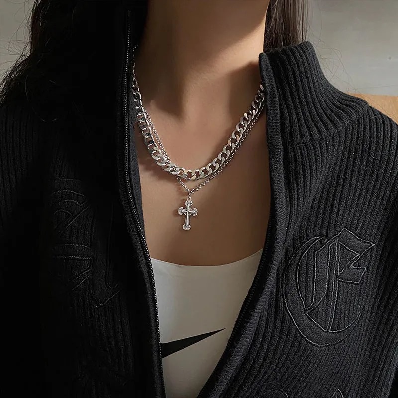 dây chuyền unisex hai lớp thánh giá HipHop phong cách Âu Mỹ cực ngầu
