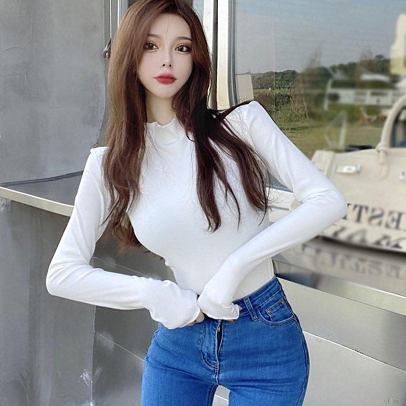 Áo thun cổ lọ tay dài màu trơn kiểu dáng đơn giản phong cách Hàn Quốc dễ phối đồ