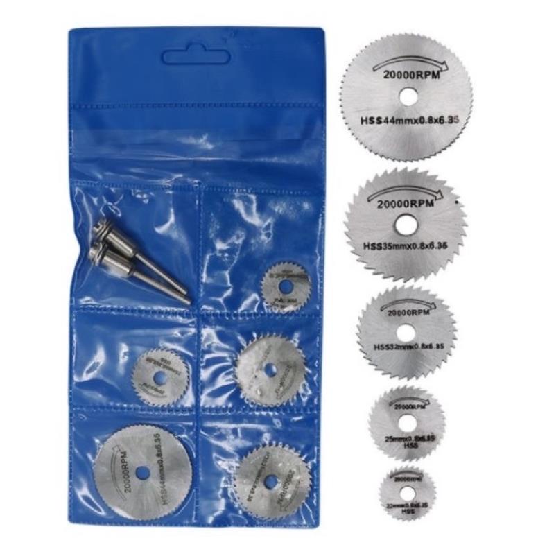 Bộ Lưỡi cắt mini dùng cắt gỗ thép HSS (5 đĩa cắt răng + 2 chân cán 3mm) 7 chi tiêt