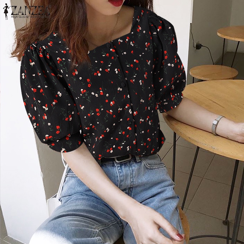 Áo ZANZEA tay phồng cổ vuông dáng rộng thời trang Hàn Quốc cho phái nữ