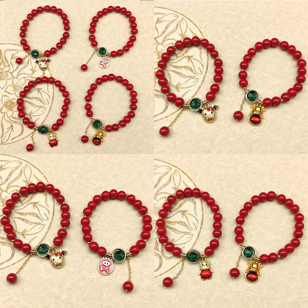 Glass Crystal Lucky Bag Red Bead Bracelet Cute Cattle Pendant Adjustable Fashion Accessories Women