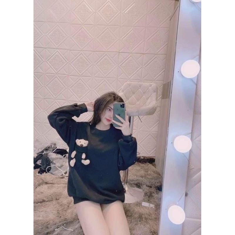 Áo Nỉ TEDDY BEAR Nữ 💕[FREESHIP] 💕 Áo Gấu -Phông Dài Tay Dáng Rộng Phối Túi Gấu Unisex | BigBuy360 - bigbuy360.vn