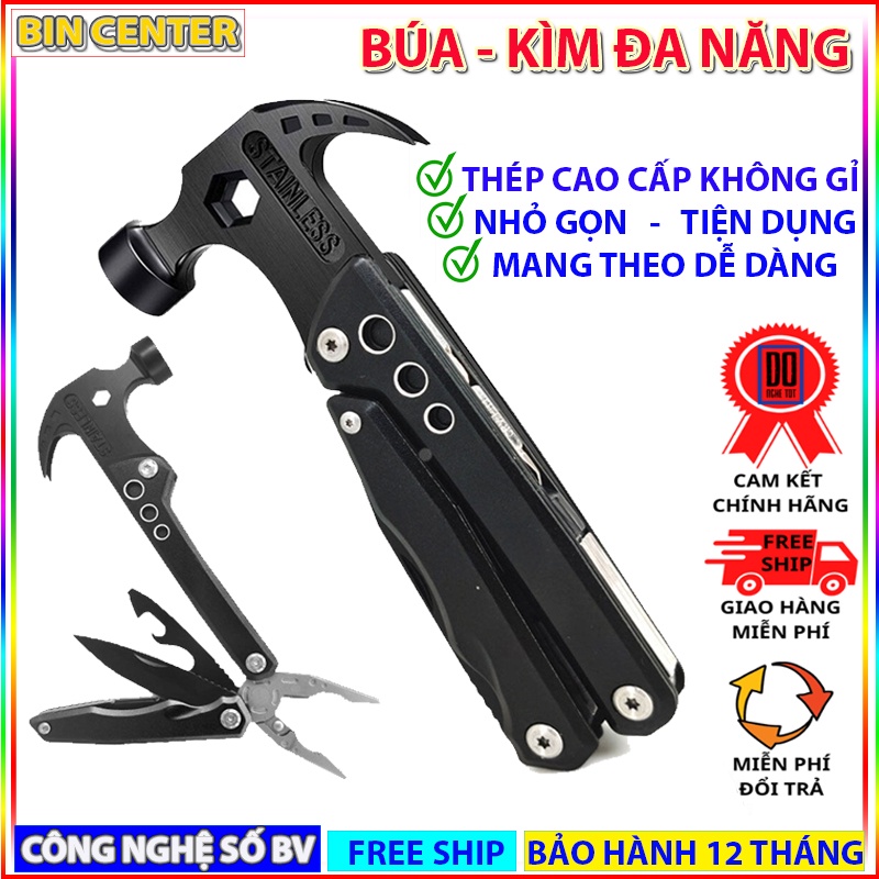 Búa đa năng gấp gọn bằng Thép không gỉ - Bộ dụng cụ đi phượt, cứu hộ khi gặp sự cố - Búa kiêm kìm, tua vít đa năng 14in1