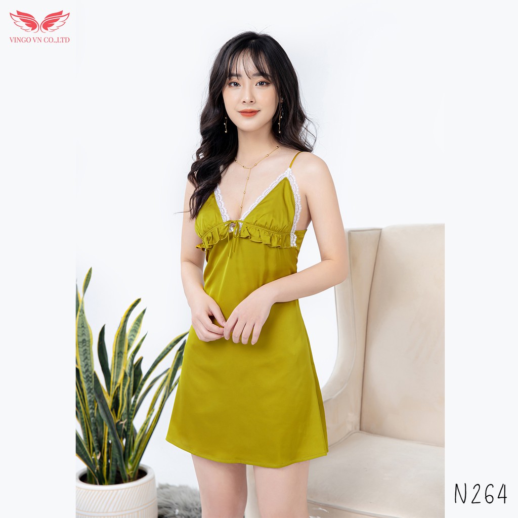VINGO Váy Ngủ Nữ 2 Dây Lụa Pháp Cao Cấp Vàng Phối Ren Trắng Đính Nơ Ngực Gợi Cảm Tinh Tế N264 VNGO | BigBuy360 - bigbuy360.vn