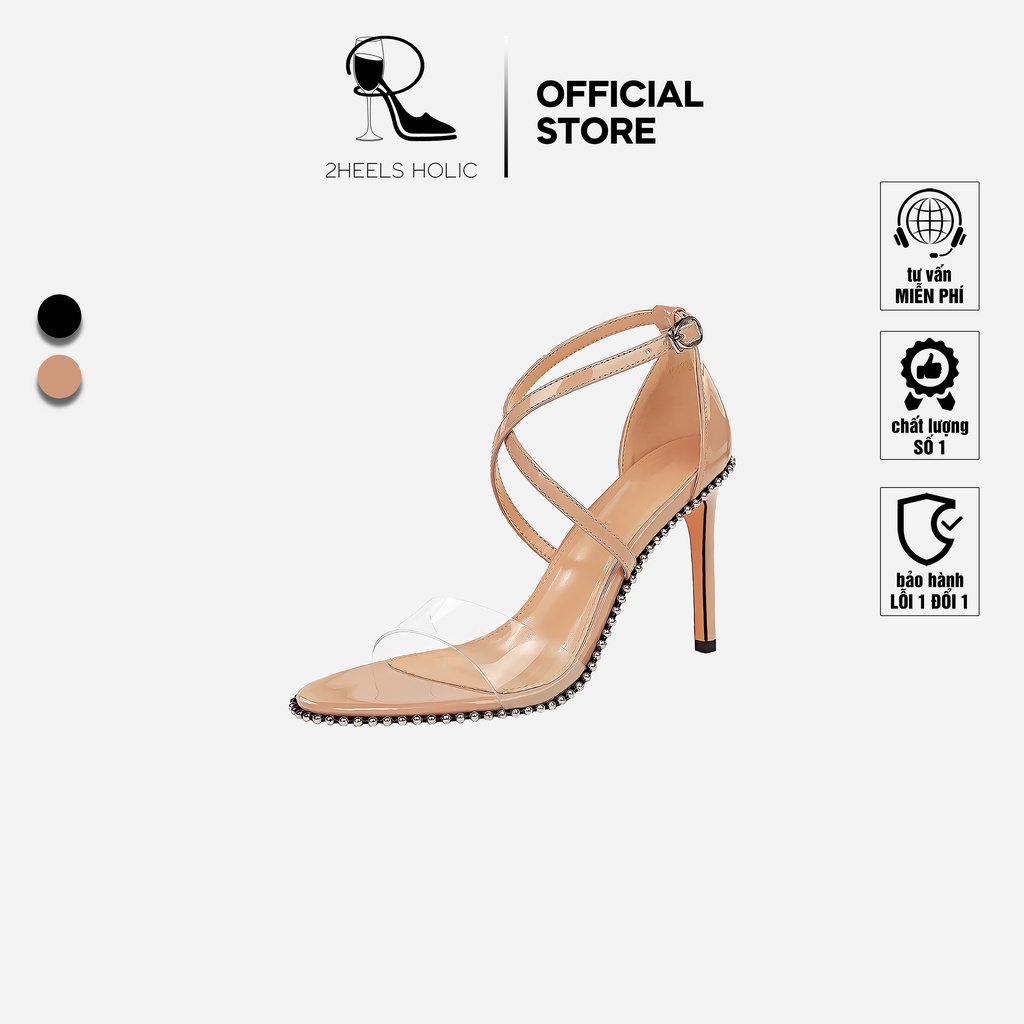 Giày xăng đan cao gót nữ ankle strap 2HEELS HOLIC quai trong viền đá, mũi tròn hở, gót nhọn 9cm H42