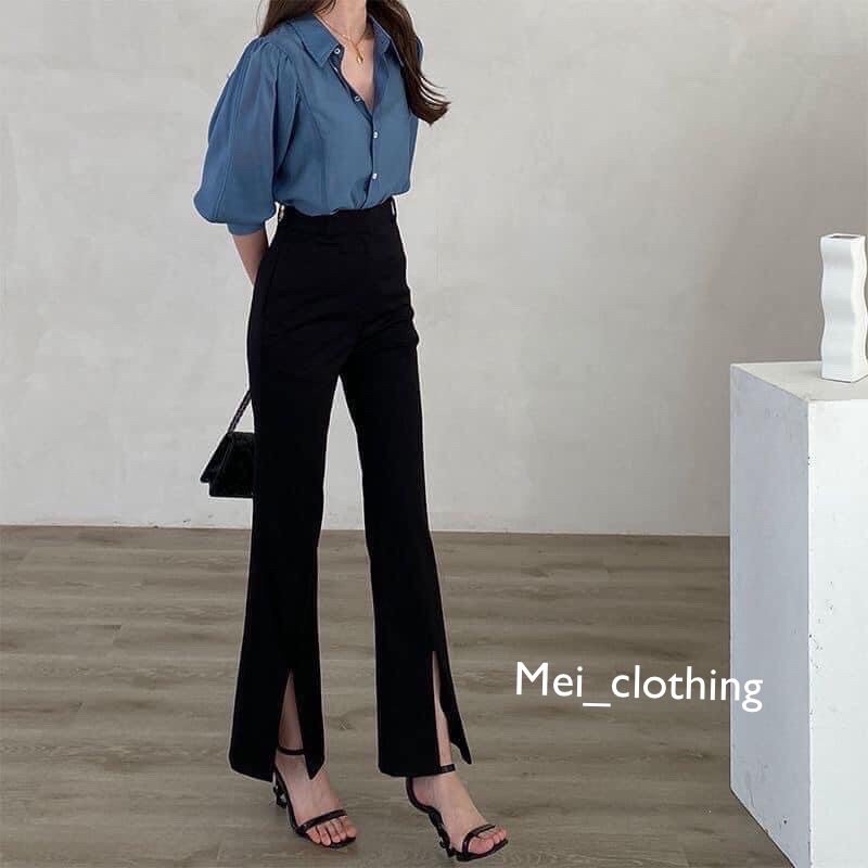 Quần ống loe xẻ gấu cực hack dáng chất tuyết mưa dày dặn