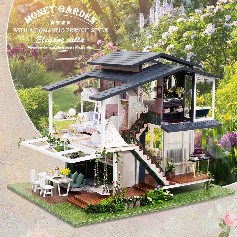 Nhà búp bê lắp ghép DIY HOUSE Monet Garden Cute Room Cao 25cm x Rộng 25cm Dài 32cm Tặng kèm Mice Cót nhạc và dụng cụ