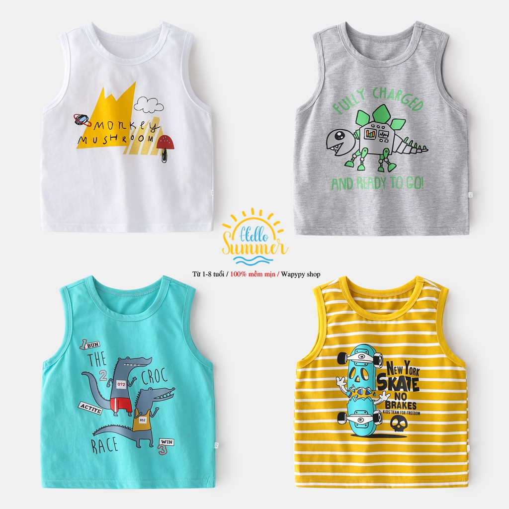 Áo sát nách bé trai WELLKIDS áo ba lỗ cho bé họa tiết đáng yêu chất cotton hàng xuất Âu Mỹ