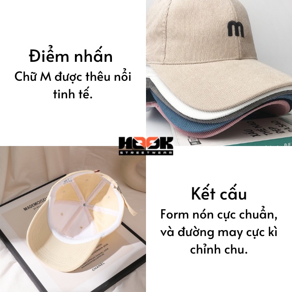 Mũ lưỡi trai Unisex thêu hình chữ M chất vải Kaki màu Đen và Be thương hiệu Hook