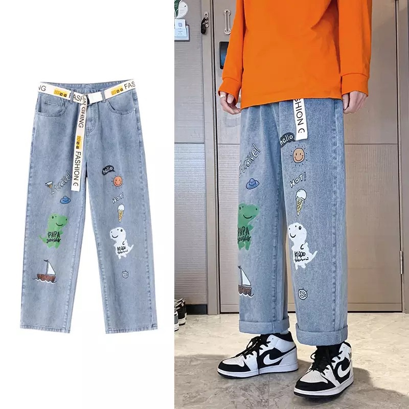 QUẦN BAGGY JEANS ỐNG RỘNG NAM T-A-N DÁNG SUÔNG PHONG CÁCH HÀN QUỐC-QJI4-THỜI TRANG UNISEX-có size NamNữ hình in,màu xanh