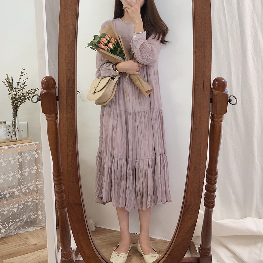 (ORDER) Đầm maxi mỏng dài tay xếp li