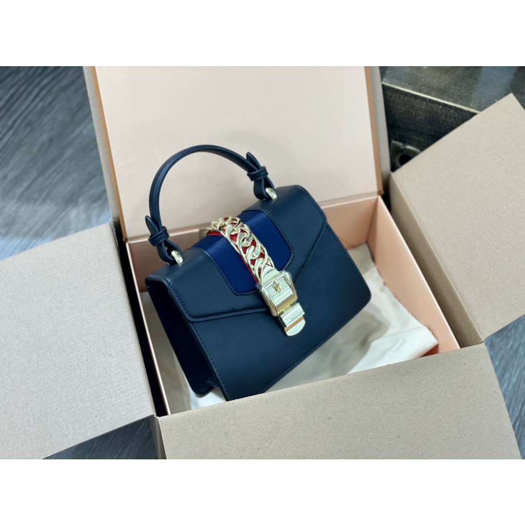 Túi đeo chéo Gu.cci da lì pha xích siêu sang/Túi xách Gu.cci siêu C khóa mạ vàng chống hoen rỉ